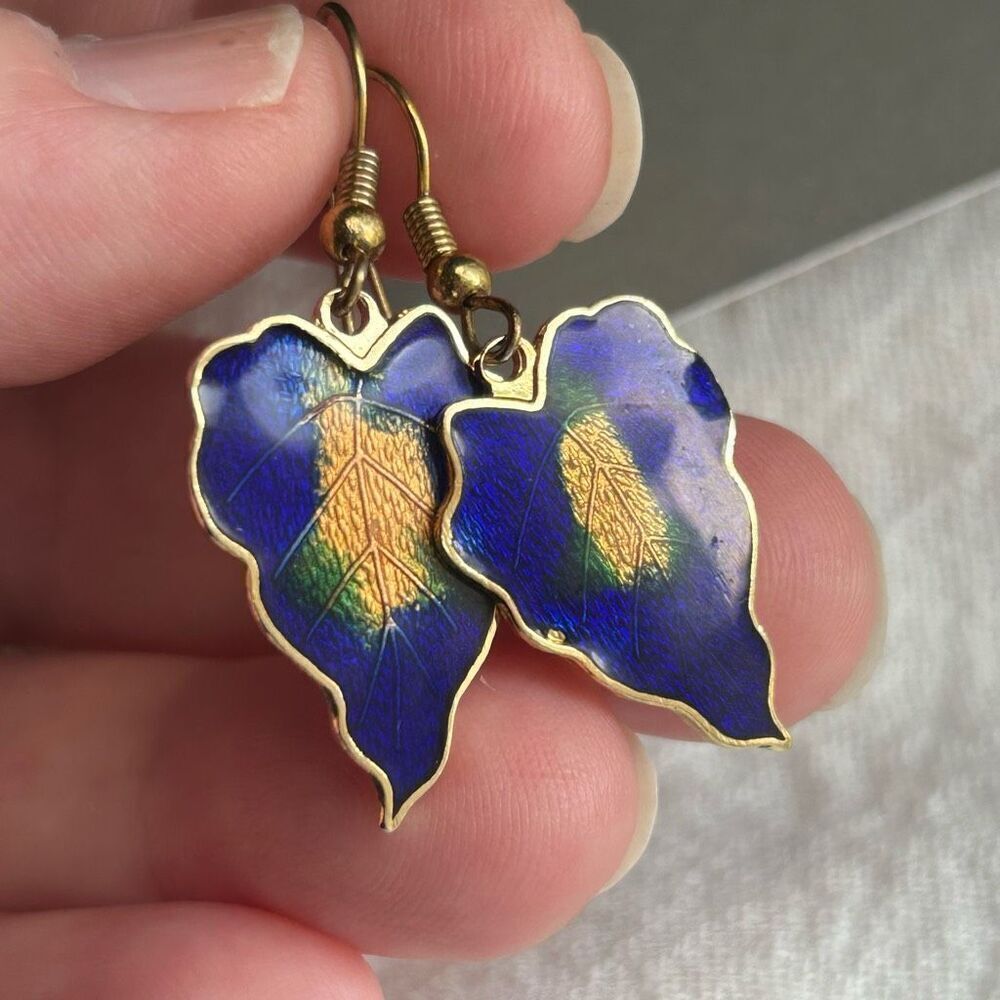 Vintage Gold Enamel Leaf Dangle Earrings Blue and Gold